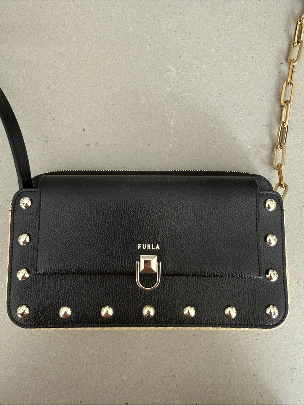 Furla Black Leather and Raffia Crossbody